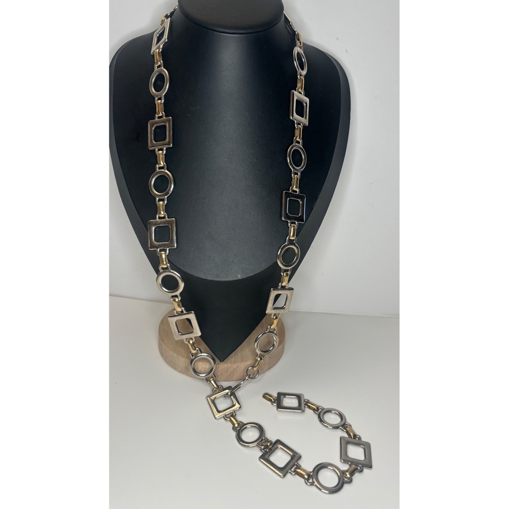 1990s Chain Link Belt Two Tone Metal Geometric Silver Gold Square Circle 36"